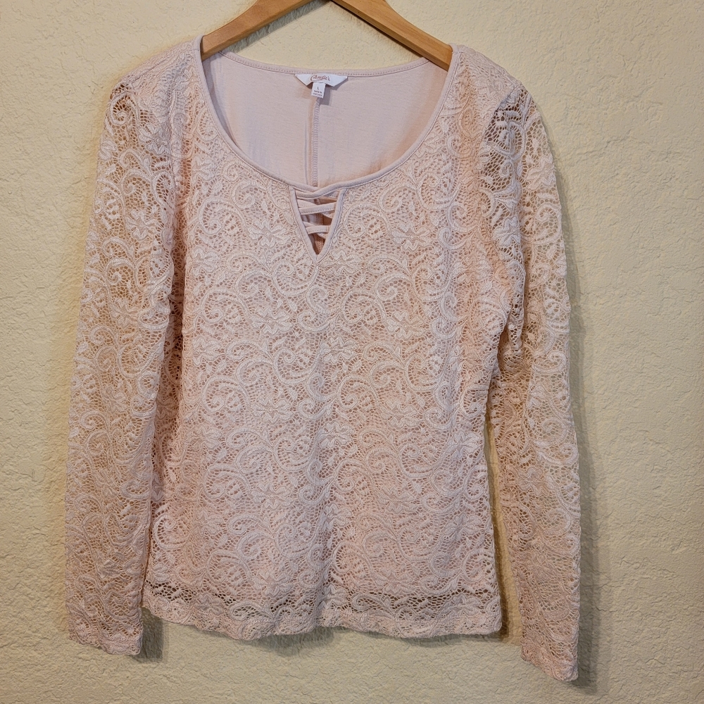 Candie's Women's Light Pink Lace Long Sleeve Top Sz L